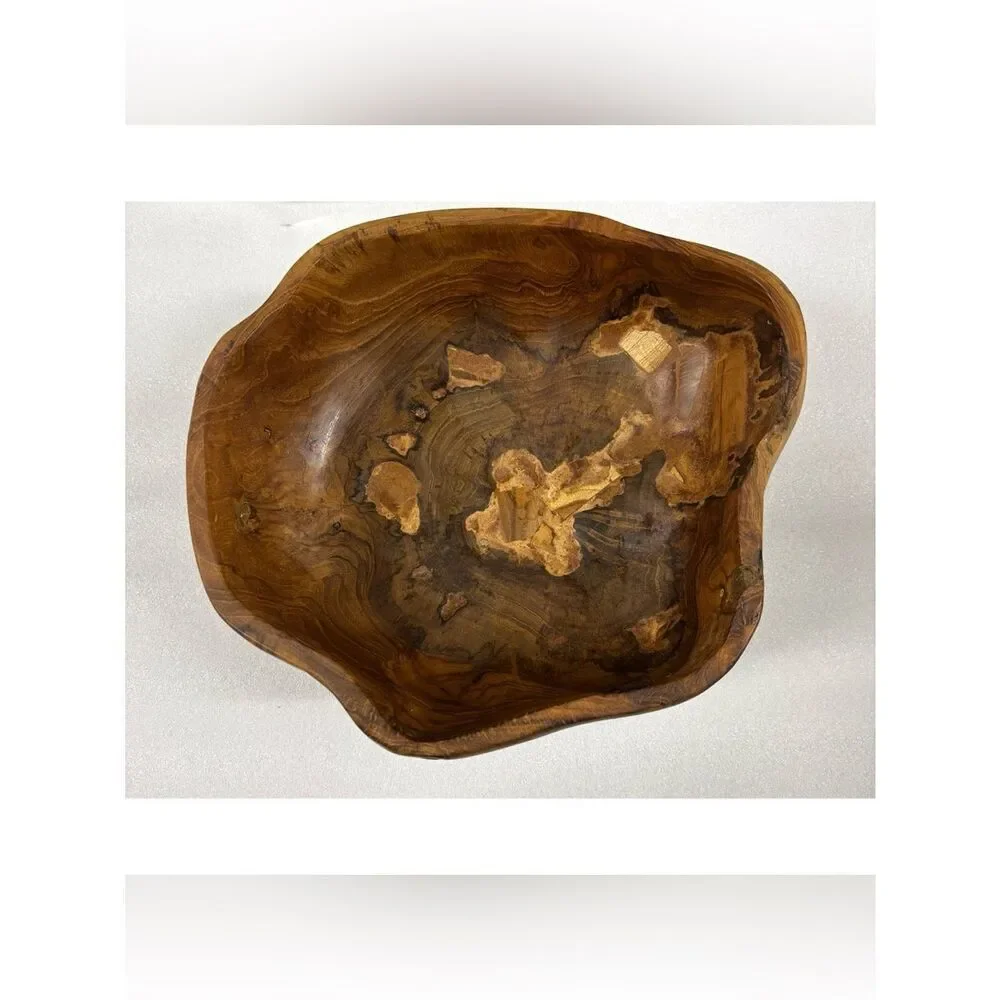 Vintage Pottery Barn Organic Teak Carved Wood Decorative Bowl - Natural Brown
